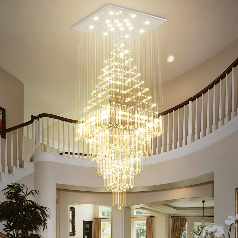 D40 "x H 100" grands lustres en cristal argentés pour hauts plafonds lustres carrés à 5 niveaux pour escalier de salon