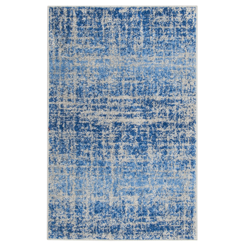 Tapis bleu / argent à motif abstrait Riebe, Rectangulaire 3 pi x 5 pi