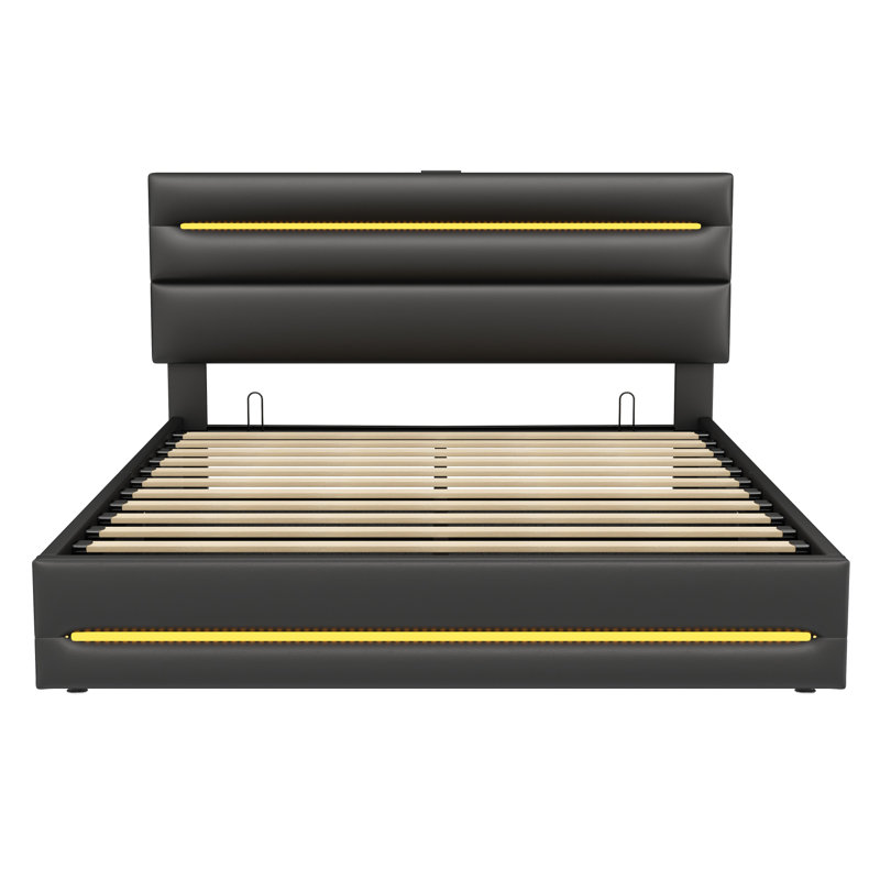 Upholstered Bed With Storage, Led And Usb Linen Black, Kingsize (5')