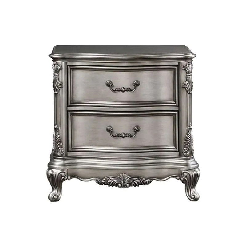 Table de chevet avec 2 tiroirs en argent antique - Structure en bois feutrée