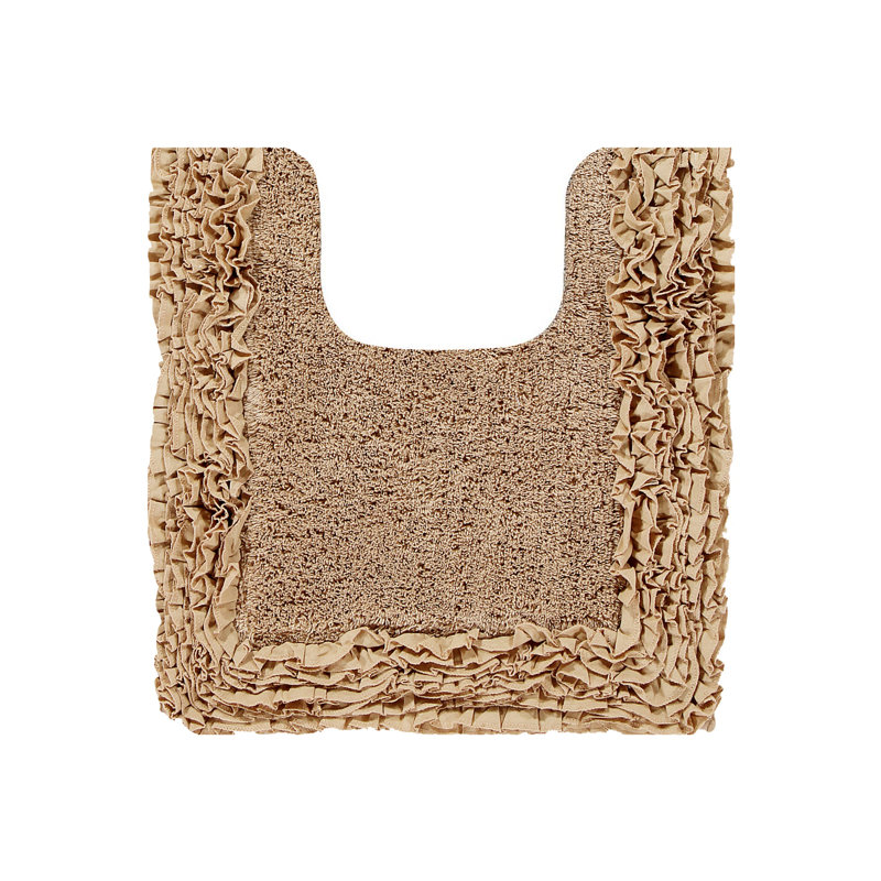 Cabeza 100% Cotton Tufted U-Shaped Contour Bath Rug, Soft Absorbent Toilet Mat with Non-Slip Spray Latex Backing, Decorative Ruffle Border, 20" x 20", Beige