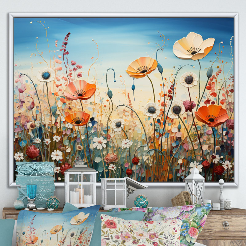 «Wildflowers Field Pointillism Dot I», reproduction d'art sur toile, 30" H x 40" W, Cadre photo argenté