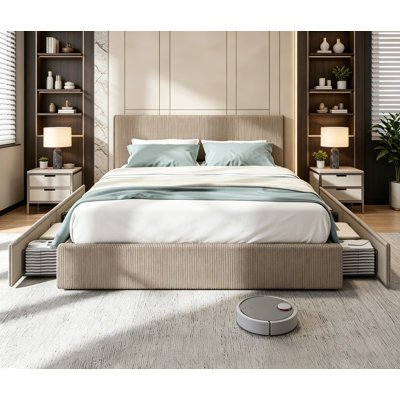 Structure de lit, structure de lit plateforme pleine grandeur avec 4 tiroirs de rangement, tête de lit tapissier en velours côtelé avec support de lattes en bois robuste, aucun sommier tapissier requis