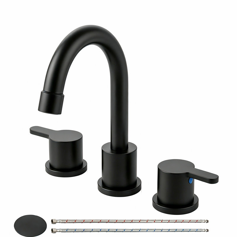 Robinet de salle de bain moderne à large entraxe avec bec pivotant à arc élevé, bonde escamotable et conduites d'alimentation