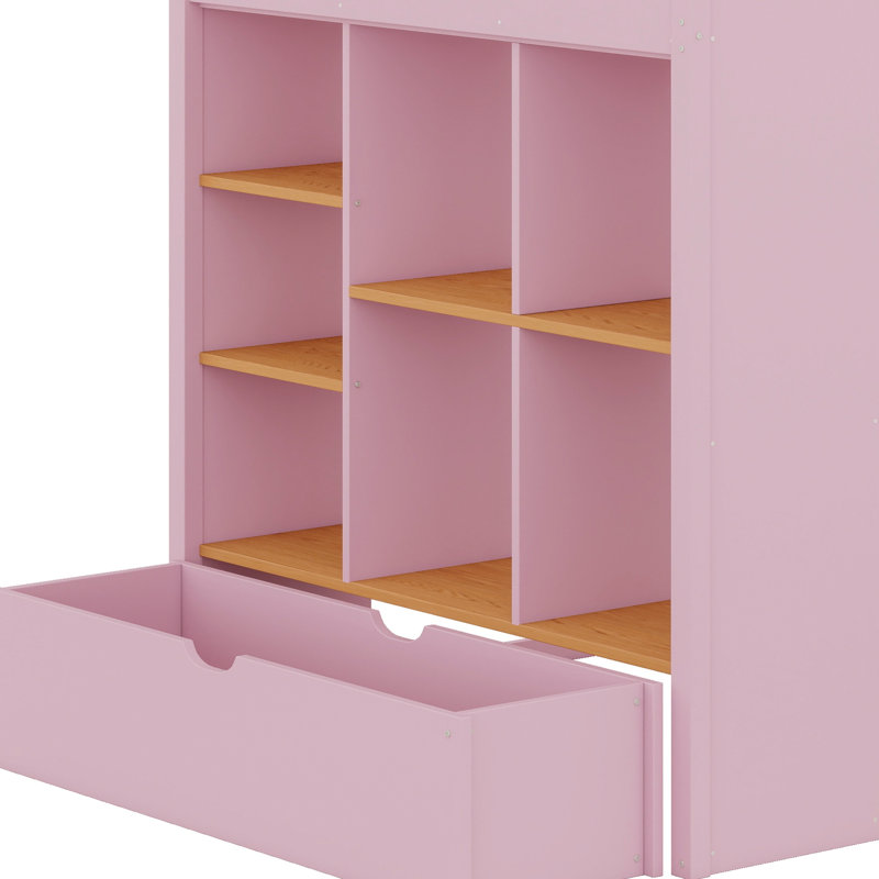 Lit mezzanine avec échelle et tablettes de rangement pratiques, Lit double, Pink + Natural Oak