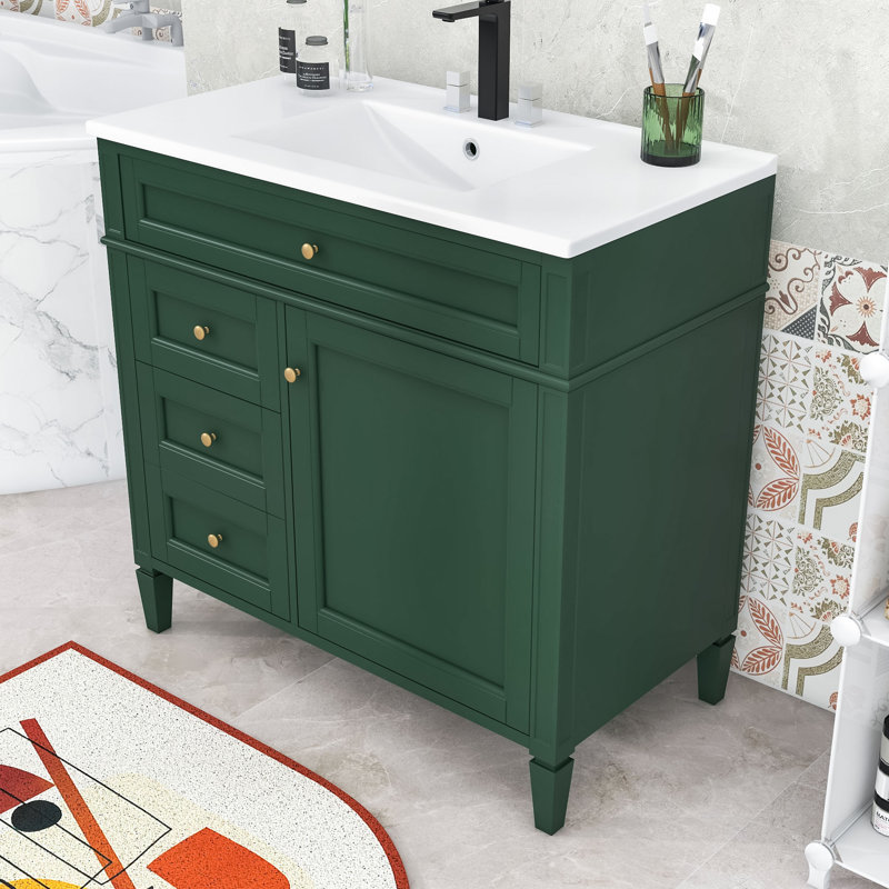 Meuble-lavabo de salle de bain avec lavabo en céramique, 2 tiroirs et un tiroir basculant, Vert