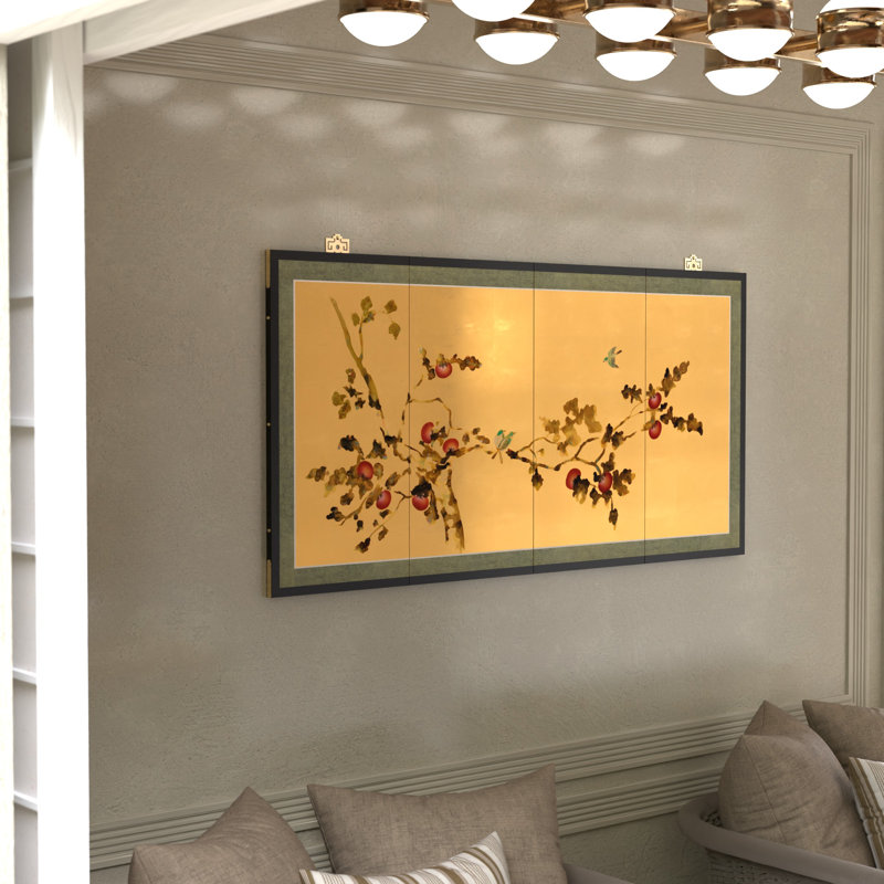 36" x 72" Gold Leaf Blossom 4 Panel Room Divider, 24" H x 48" W