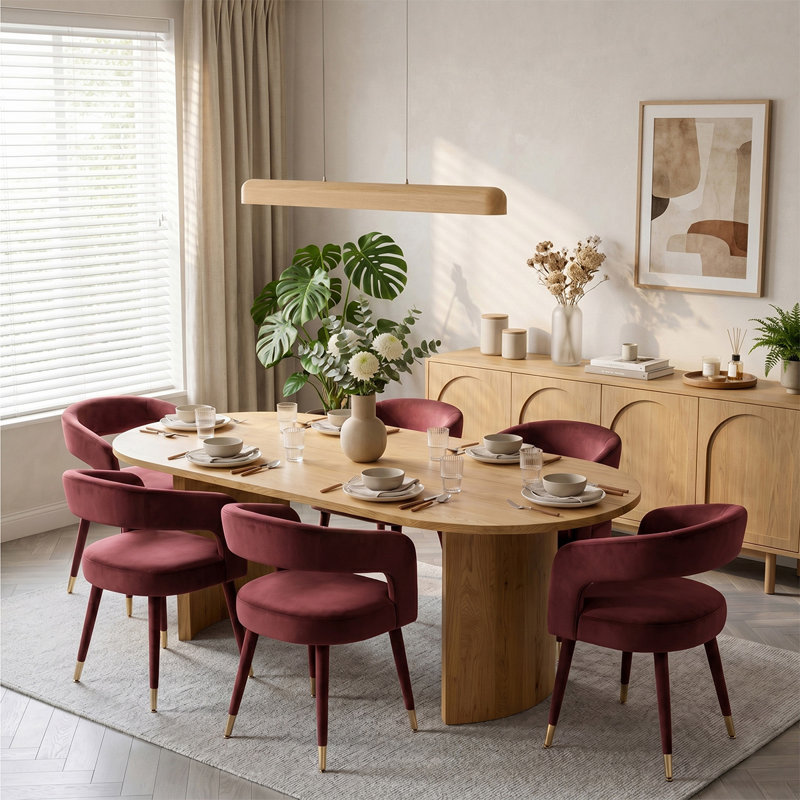 Ensemble de table de salle à manger ovale moderne 79 po avec 6 chaises de salle à manger rembourrées en velours, Bourgogne