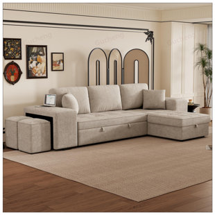 104.5inch Pull Out Sleeper Sofa Reversible L-Shape 3 Seat Sectional Couch with Storage Chaise and 2 Stools for Living Room Furniture Set