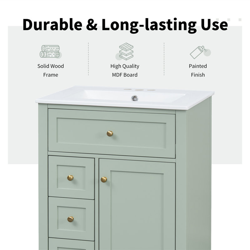 Meuble-lavabo simple 24 po avec lavabo en céramique, tiroirs, tablette intérieure réglable et support, Vert, Doré