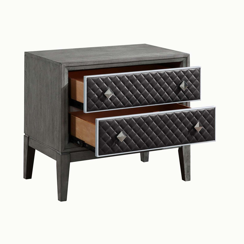 Table de chevet moderne à deux tiroirs en similicuir gris