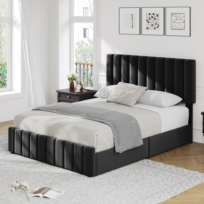 Bed Frame with 4 Storage Drawers, Adjustable Height Headboard, No Box Spring Needed, Full, Black
