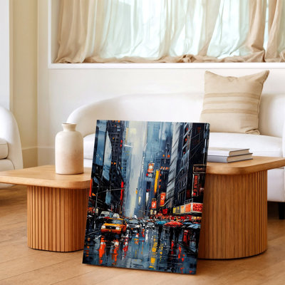 Rainy City Street Yellow Taxi Urban Skyline Canvas Wall Art Print, Decorative Contemporary Decorative Art Artwork for Living Room Bedroom Office Hallway Apartment Gallery Wall Home Decor