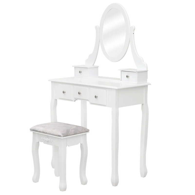 Coiffeuse 5 tiroirs à miroir simple blanc