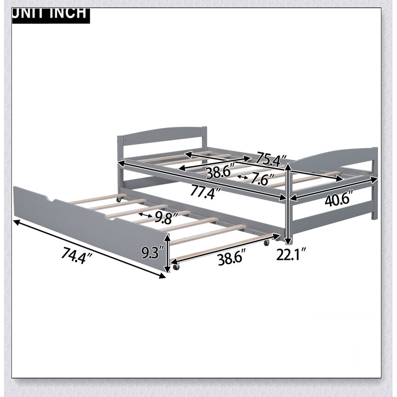 Lit plateforme avec lit gigogne, Gris