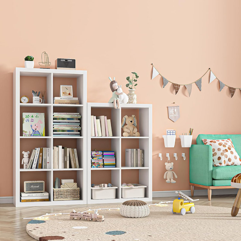 Bookshelf with Storage Bins, 8-Cube Storage Organizer Wooden Bookcase Open Book Shelf, White