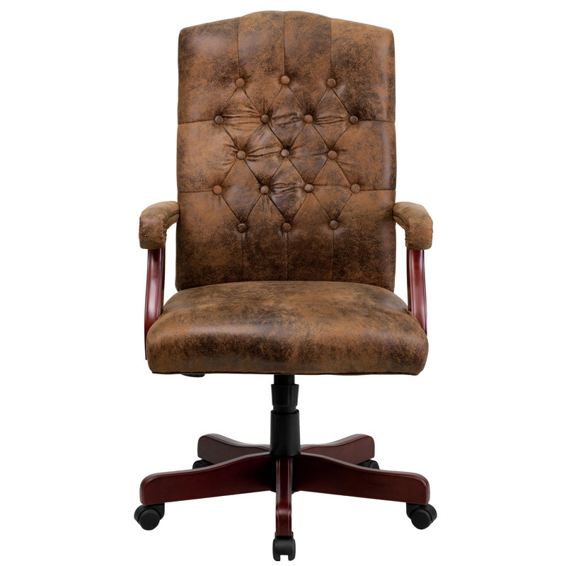 Rustic Brown Leather Executive Swivel Office Chair with Arms