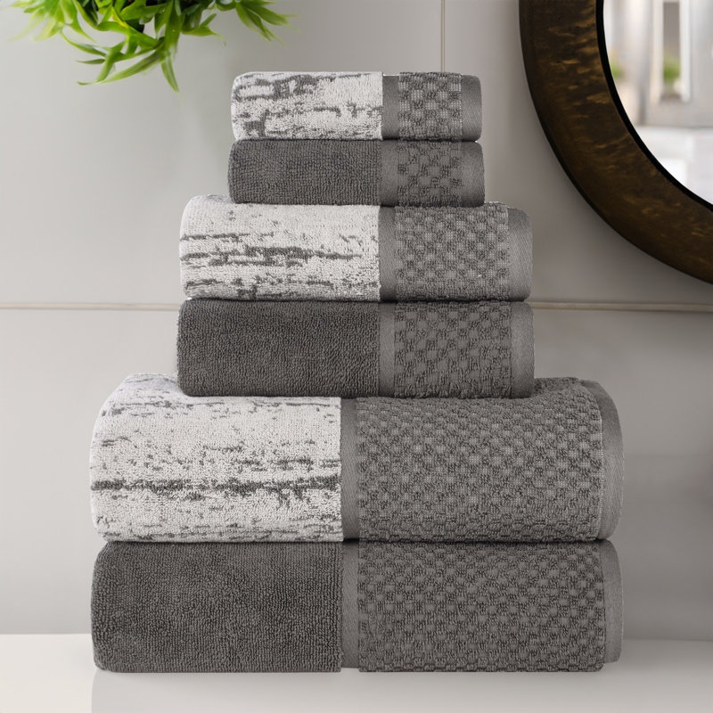 Lodie Cotton Plush Soft Absorbent Jacquard Solid and Two-Toned 6 Piece Towel Set, Charcoal-Silver