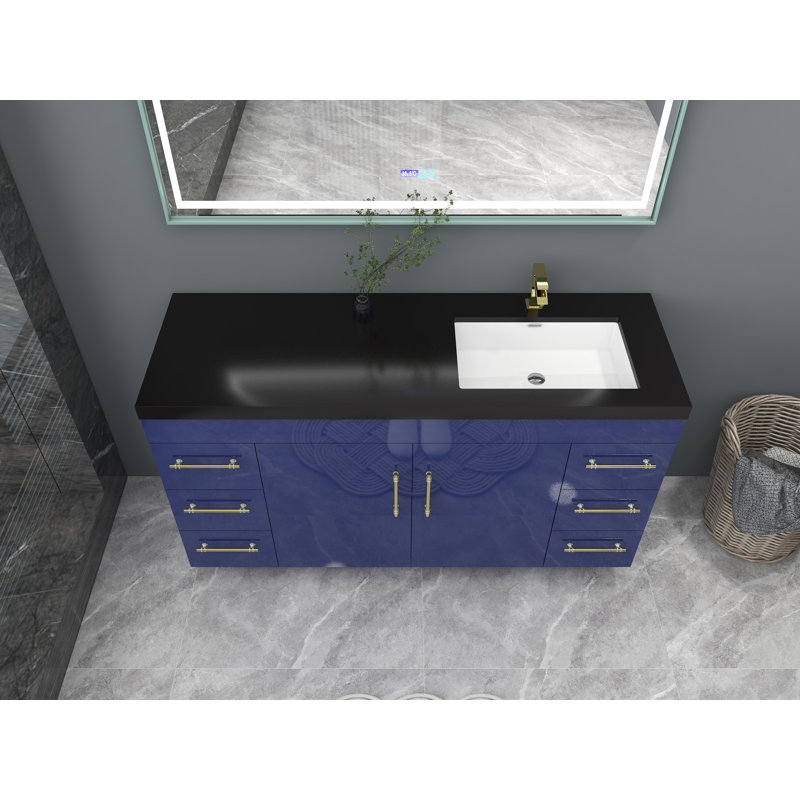 60'' Single Bathroom Vanity with Plastic Top, Glossy Night Blue, Matte Gold