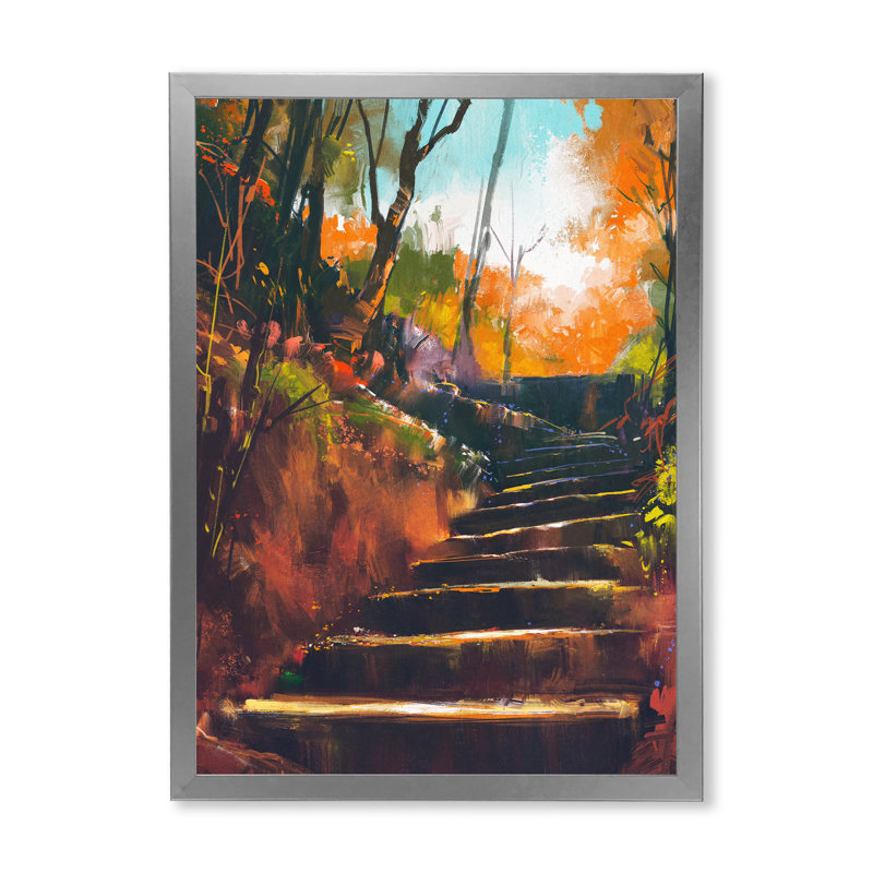 Stone Stair Path In Autumn Forest - reproduction d'art sur toile traditionnelle, H 33,5 po x l 24 po, Cadre argenté