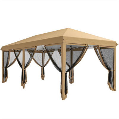 Beige Steel and Oxford Cloth Awning, 10 x 20 ft, featuring Folding Design with Mesh Netting