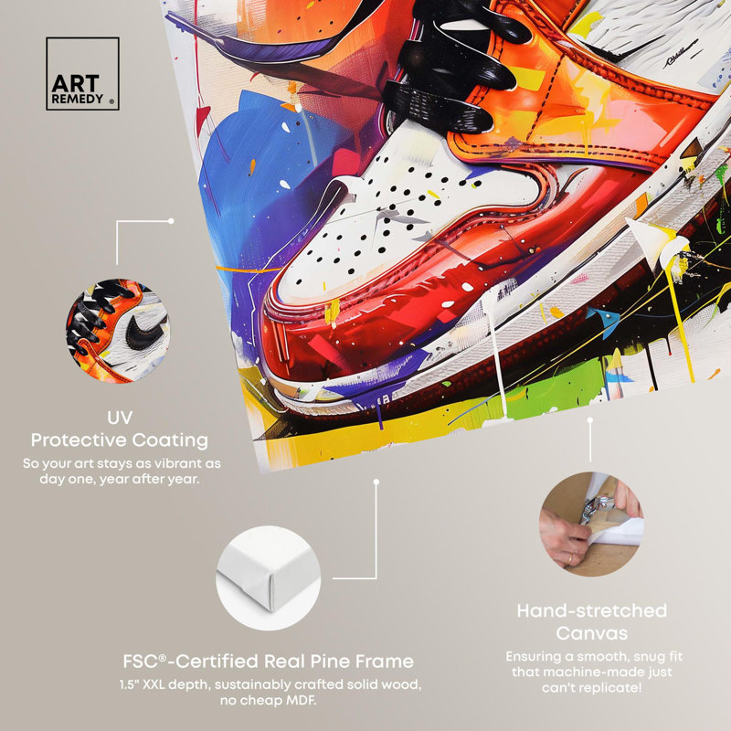 «Bright Bold Splash Sneaker», impressions sur toile par Art Remedy, H 20 po x l 20 po, Toile tendue sur cadre