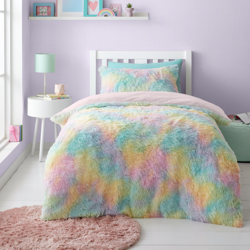 Rainbow Cuddly Deep Pile Faux Fur Duvet Cover Set, Double Duvet Cover + 2 Standard Pillowcases