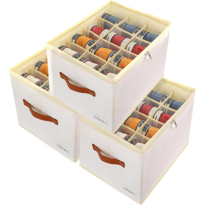 3 Pack Shoe Storage Box Organiser For Closet - 36 Cell Space Saver Shoes Containers Bin With Clear Lids Stackable, Can Fit Ottoman, Foldable Shoe Rack Cabinet Cubby For Wardrobe