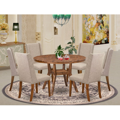 7-Piece Modern Dining Set Consist of A Dining Table and 6 Light Tan Linen Fabric Dining Chair with High Back, Antique Walnut