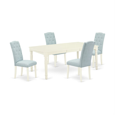 5 Piece Dining Set Includes a Rectangle Dining Table with Butterfly Leaf and 4 Baby Blue Linen Fabric Upholstered Chairs, Linen White