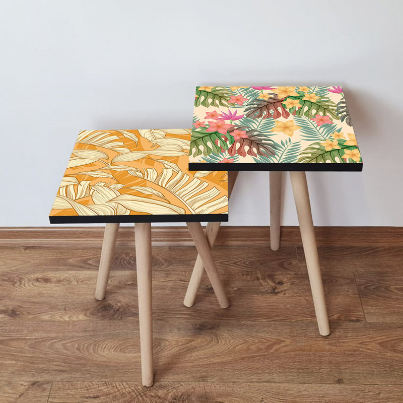 Élégantes tables gigognes (2 pièces), style bohémien, pieds en bois de hêtre, 13,8 po x 18,5 po x 13,8 po et 13,8 po x 16,5 po x 13,8 po | 100% panneau de fibres à densité moyenne avec une épaisseur de 0,7 po | Parfait pour le salon et la décoration florale, polyvalent et élégant