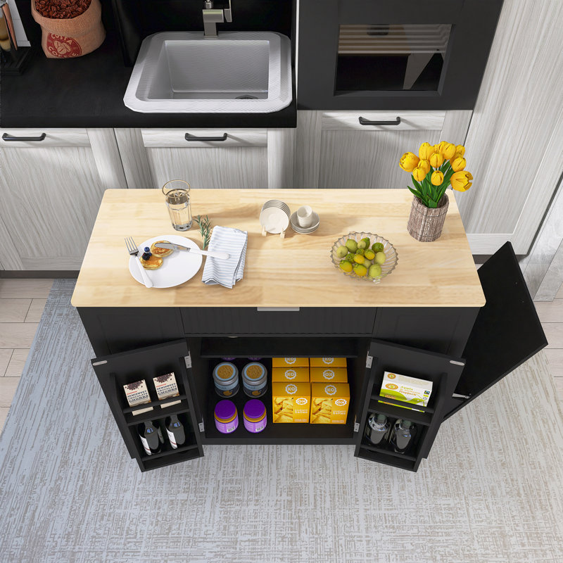 48.5" Rubber Wood Countertop Kitchen Cart With Trash Can Storage Cabinet & Power Outlet, Black
