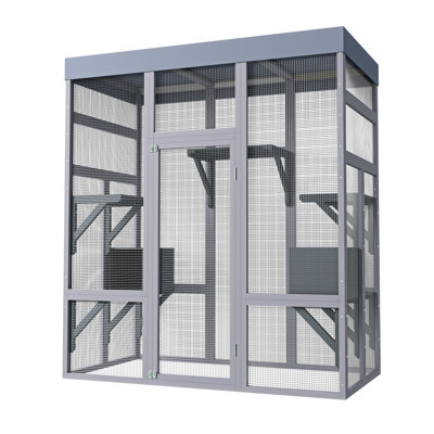 62.6" Wooden Outdoor Catio for Cats, Large Cat Enclosure with Waterproof Roof, 2 Napping House