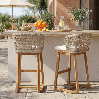 Alleyton Outdoor Bar Stool Acacia Wood and Natural Wicker