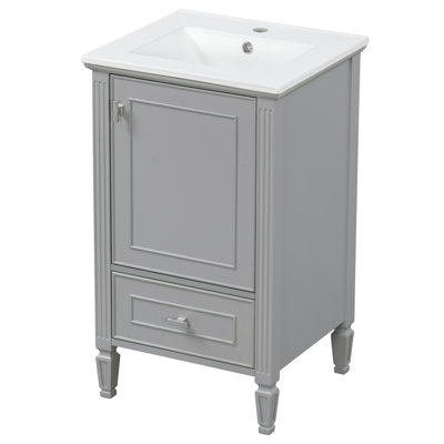 Meuble-lavabo de 20 po avec lavabo en céramique, pieds en bois massif, meuble-lavabo autoportant avec armoire de rangement, tiroirs et portes à fermeture en douceur, support de rangement