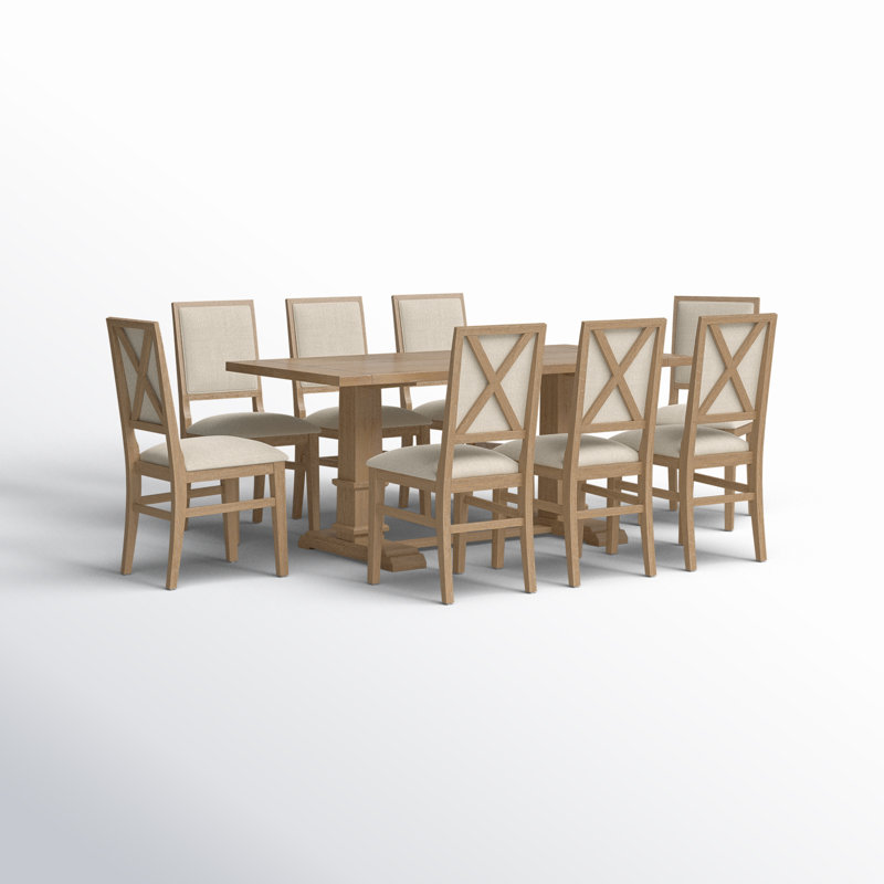 Heymann Trestle Dining Table with Upholstered and Wood Chairs, Rustic Brown, 9 Pieces: Table, 8 Chairs