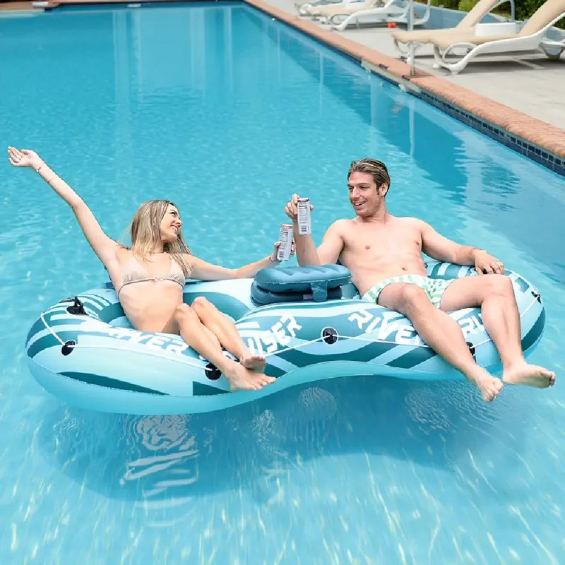 Canapé gonflable flottant pour piscine 1pc pour 2 personnes avec grand dossier, dispositif de flottabilité en PVC robuste, porte-gobelet, construction durable, rangement facile, eau de loisirs d'une capacité de 660 lb, embarcation durable