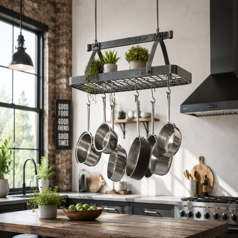 Grande Cuisine Rectangle Ceiling Rack Hammered Steel, 20.5" H x 30" W x 16" D