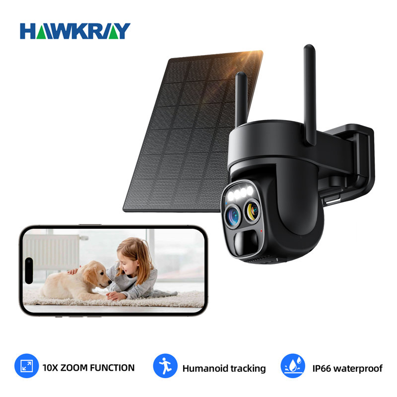 Caméra de sécurité solaire Hawkray - Zoom 10X 360 ° double objectif, WIFI 5G / 2,4G, résolution 2K, audio bidirectionnel, vision nocturne couleur, étanche IP66