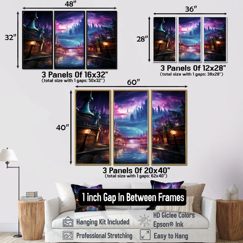 Corielle - ensemble de reproductions d'art mural City Buildings, H 40 po x l 60 po x P 1 po, Cadre flottant brun
