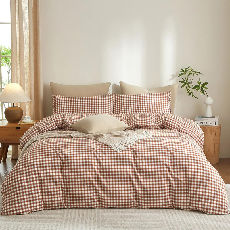 Ensemble de housse de couette en vichy 100% coton délavé à carreaux XINMIANFANG Gingham, Orange brûlé / blanc