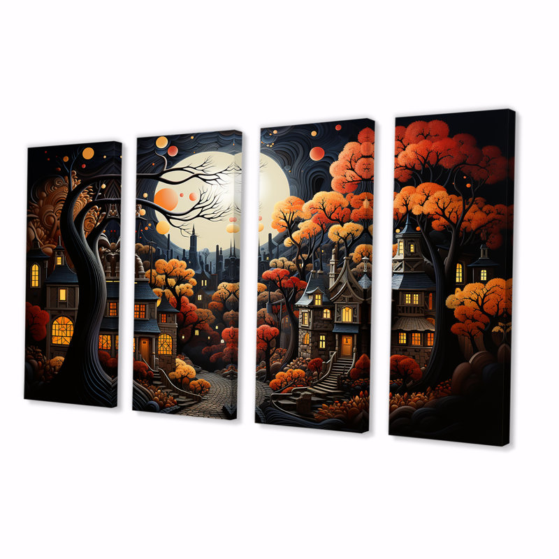Cozy village in Autumn Moonlit IV - City Art Deco, ensemble de 4 décorations murales, H 32 po x l 64 po
