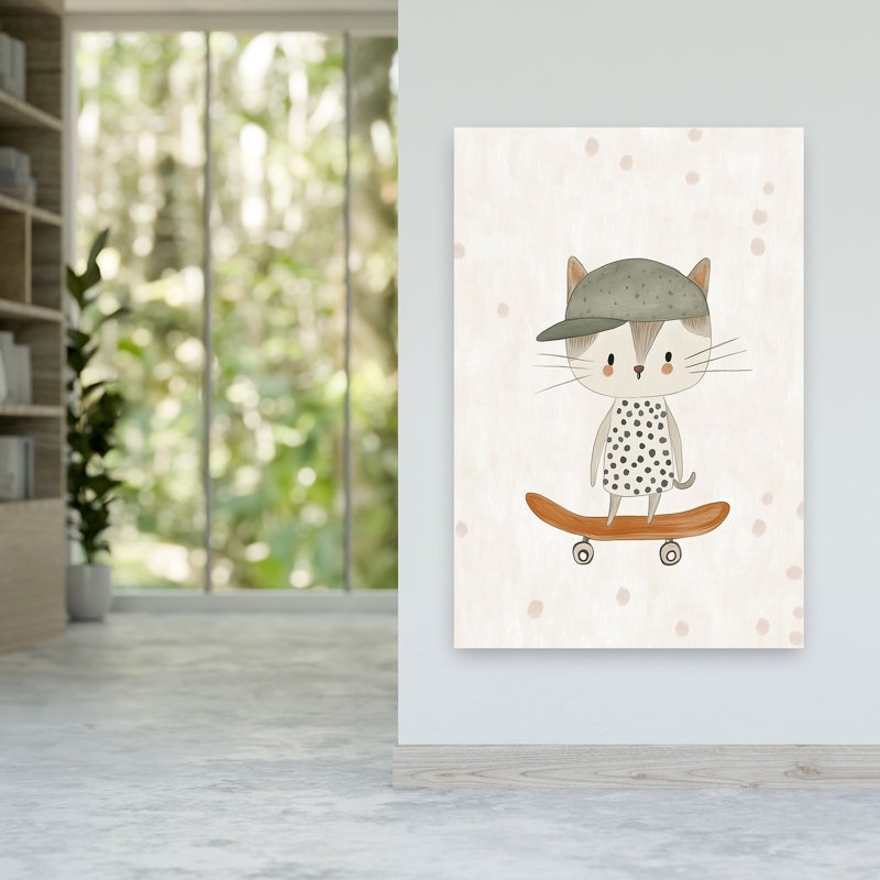 Cool Cat Skater Playful Whimsical Contemporary Cat Wall Art Print by Mathieu - Wrapped Canvas Print, 152.4cm H x 101.6cm W