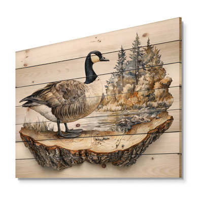 «Canadian Goose in Wooden Lake Landscape I», art mural animal en bois d'oie - sur bois de pin naturel