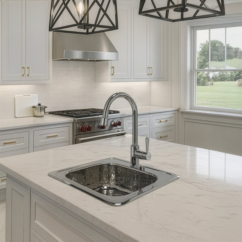 Whitehaus 15" Square Stainless Steel Drop-In Entertainment /Prep Sink With A Hammered Texture Bowl And Mirror Finish Ledge
