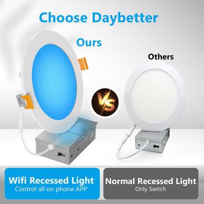 6 Inch Wi-Fi Bluetooth RGBWW Smart Recessed LED Downlight, Canless Ceiling Panel Light with Junction Box, 65 Scene Modes, 1100LM, 120V, 2700K-6500K Dimmable Night Light, Works with Alexa & Google Assistant, RA80 High CRI, 6 Pack