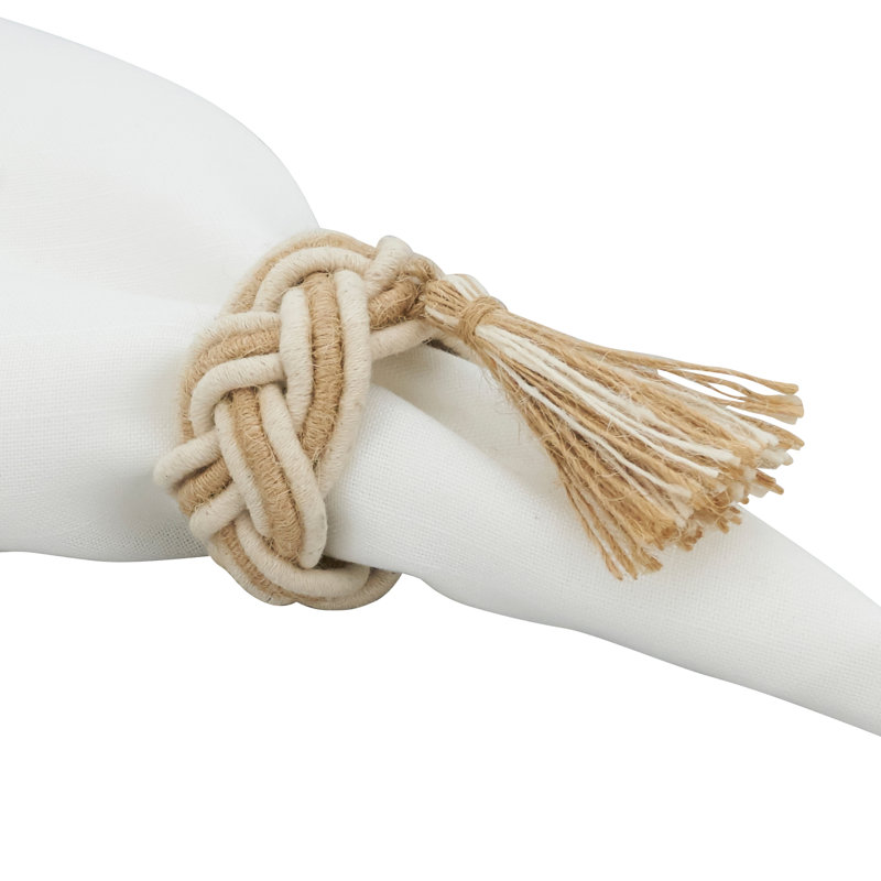 Braided Jute Tassel Napkin Rings Set of 4, Off-White