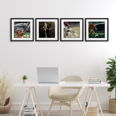 Sports Balls In Action, ensemble de 4 impressions sous verre encadrées, design par Kim Allen