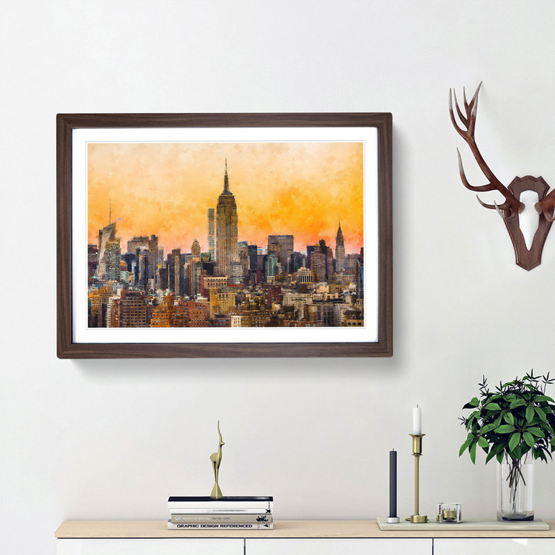 Yellow New York Skyline - Picture Frame Painting Print, 62cm H x 87cm W x 2cm D, Walnut Framed