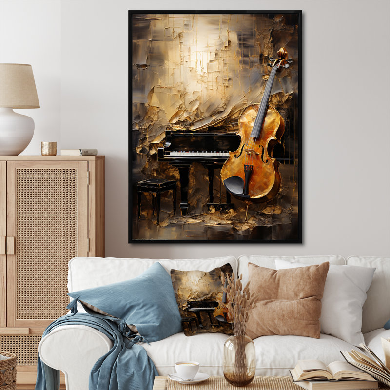 Rétro harmonie violon et piano - musique, art mural, Cadre flottant noir, H 20 po x l 12 po x P 1 po